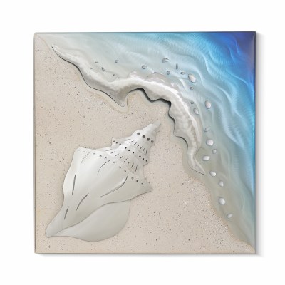 19" Sq Conch Shell on the Shore Coastal Metal Wall Art Plaque MM340D