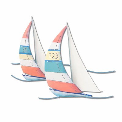 17" Multipastel and Coral Sailboat Duo Coastal Metal Wall Art Plaque