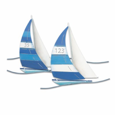 17" Dark Blue Toned Sailboat Duo Coastal Metal Wall Art Plaque