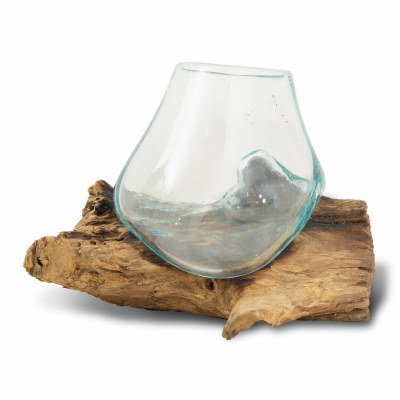 14" Glass Vase on a Flat Teak Base