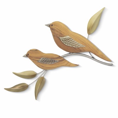 13" x 18" Gold Stainless Steel and Teak Mom and Baby Song Birds Metal Wall Art Plaque MM910G