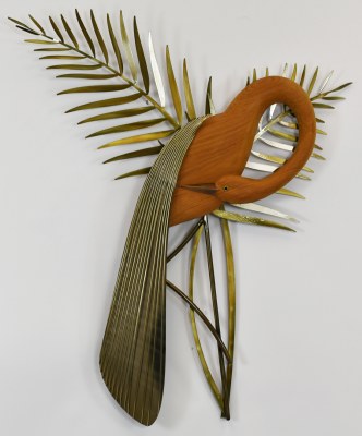34" Stainless Steel and Teak Left Facing Heron With Palm Fronds Coastal Metal Wall Art Plaque