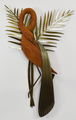 34" Stainless Steel and Teak Right Facing Heron With Palm Fronds Coastal Metal Wall Art Plaque