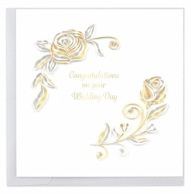 6" Square White Rose Wedding Quilling Card