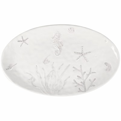 18" Distressed White Oval Sealife Ceramic Platter