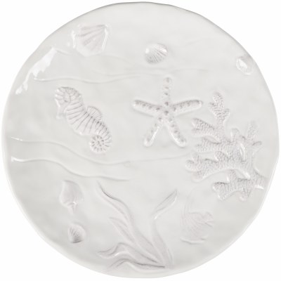 11" Round Distressed White Sealife Ceramic Plate