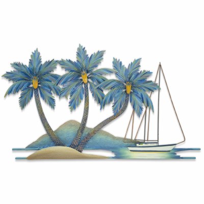 29" Blue Palm Trees With a Sailboat Coastal Metal Wall Art Plaque