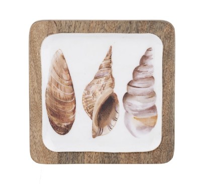 6" Square Three Spiral Shells Wood Tray