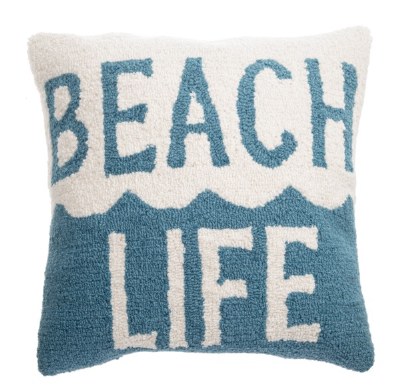 10" Square Blue and White "Beach Life" Decorative Coastal Pillow