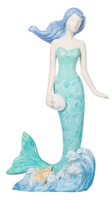 7" Blue Polyresin Mermaid Holding a Scallop Shell Statue
