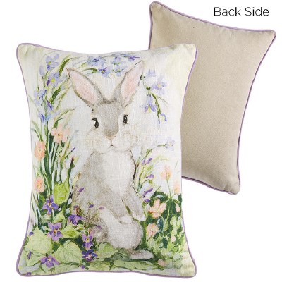 16" x 12" Gray Bunny and Flowers Decorative Easter Pillow