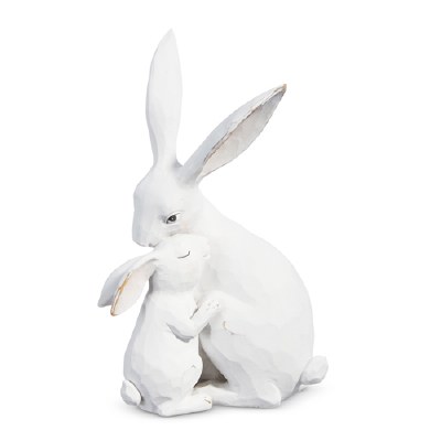 10" White Polyresin Bunny With Baby Statue