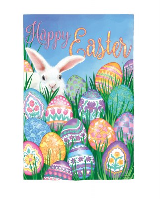18" x 13" "Happy Easter" White Bunny With Eggs Mini Garden Flag