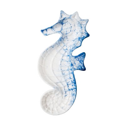 9" Blue and White Ceramic Seahorse Dish