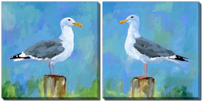 Set of Two 16" Sq Salty Gulls Coastal Canvas