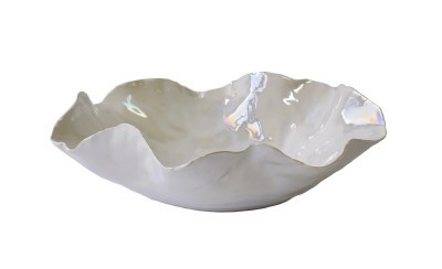 13" Round White Ceramic Ruffle Low Bowl