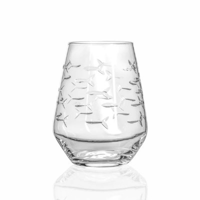 18 Oz Etched School of Fish Stemless Wine Glass