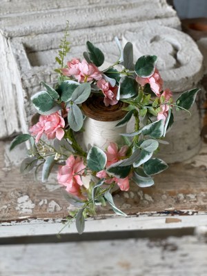 4.5" Opening Faux Pink Flowers and Varoegated Leaves Candle Ring