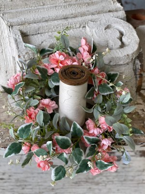 6.5" Opening Faux Pink Flowers and Varoegated Leaves Candle Ring