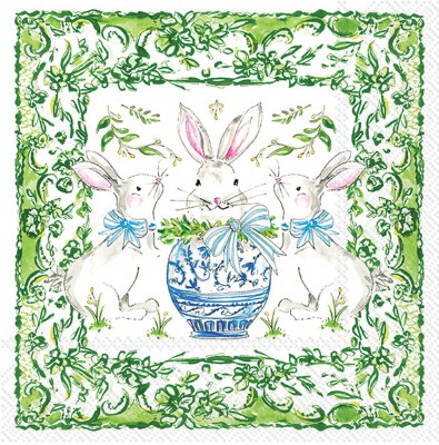 5" Square Three White Bunnies and a Green Border Beverage Napkins