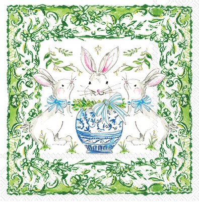 6.5" Square Three White Bunnies and Green Border Lunch Napkins