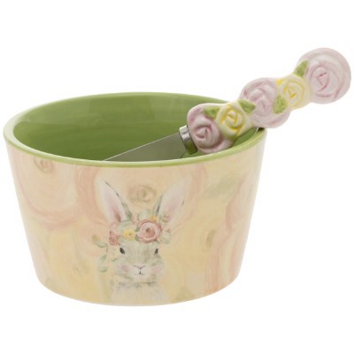 5" Round Bunny Wearing a Flower Crown Bowl With a Spreader