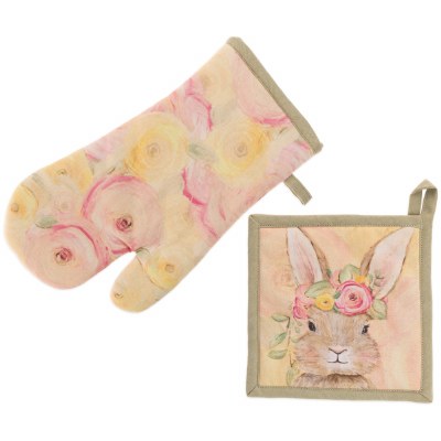 Set of Two Bunny Wearing a Flower Crown Oven Mitt and Pot Holder