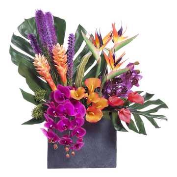 34" Faux Purple and Orange Tropical Flowers in a Gray Vase