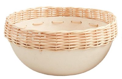 9" Round Distressed White Paper Mache Bowl With a Wicker Rim by Mud Pie
