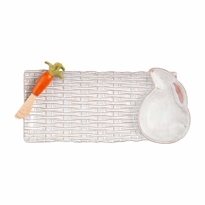 6" x 14" Distressed White Bunny Tray With a Spreader by Mud Pie