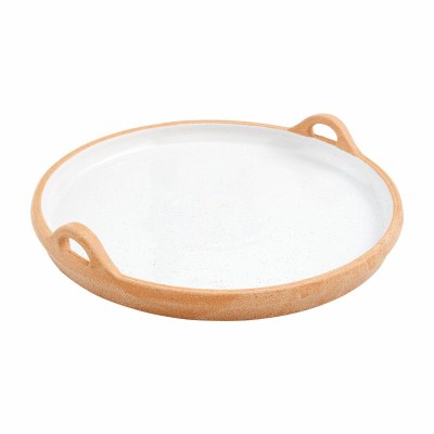 14" Round Ceramic White and Terracotta Tray With Two Handles by Mud Pie
