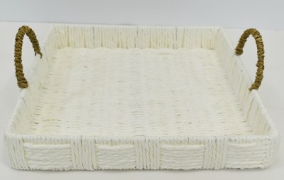 12" Sq White Woven Tray With Natural Handles by Mud Pie