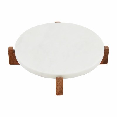 9" Round White Marble Serving Board on a Wood Stand by Mud Pie