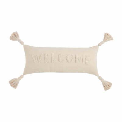 10" x 25" Ivory "Welcome" Tassels Decorative Pillow by Mud Pie