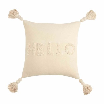 18" Sq Ivory "Hello" Tassels Decorative Pillow by Mud Pie