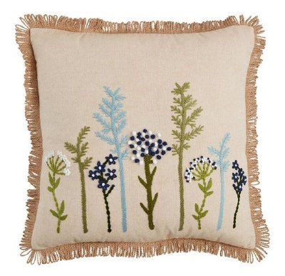 18" Square Blue and Green Flowers Decorative Pillow by Mud Pie