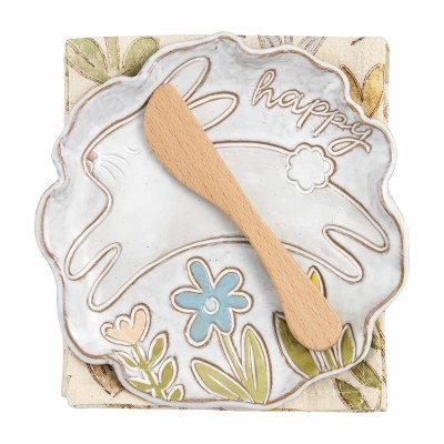 6" "Happy" Bunny Plate With a Kitchen Towel and Spreader by Mud Pie