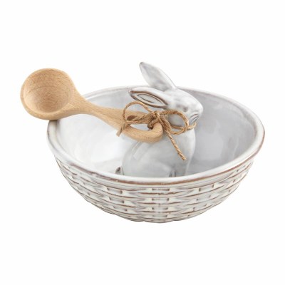 6" Round White Bunny Bowl With a Spoon by Mud Pie