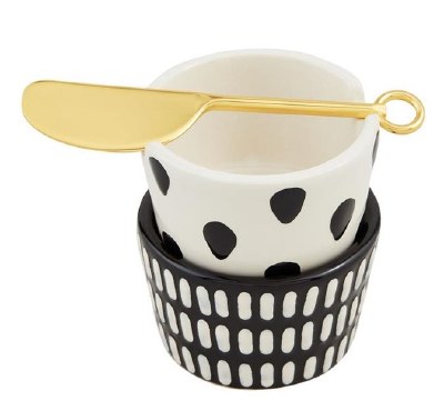 Two 2" Black and White Dots Bowls With a Spreader by Mud Pie