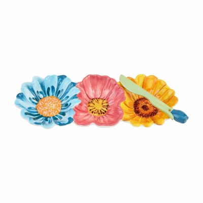 11" Multicolor Three Compartment Flower Dish With a Spreader by Mud Pie