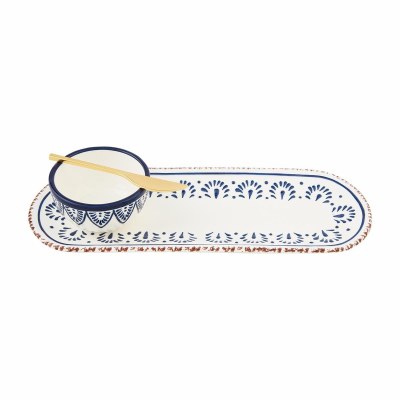 5" x 13" Blue Flower Tray With a Bowl and Spreader by Mud Pie