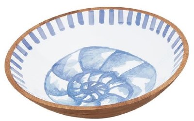 14" Round Blue and White Wood Shell Bowl by Mud Pie