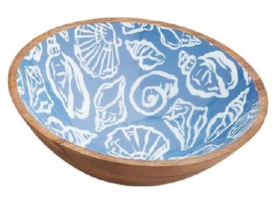 12" Round Blue and White Wood Shell Bowl by Mud Pie