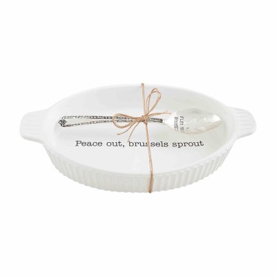 13" White Oval "Peace Out, Brussels Sprout" Cermaic Dish With a Spoon by Mud Pie