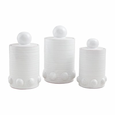 Set of Three White Ceramic Large Dot Canisters by Mud Pie