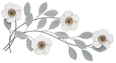 21" x 39" White and Gold Flowers and Verdigris Leaves Metal Art Wall Plaque