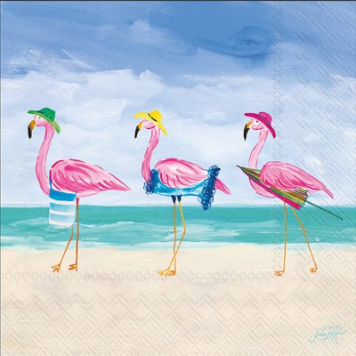 5" Square Three Beach Flamingos Beverage Napkins