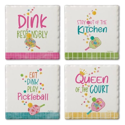Set of Four 4" Square Assorted Pickleball Coasters