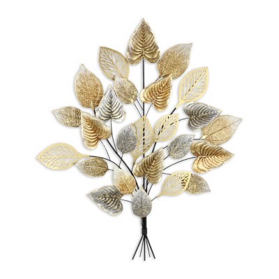 38" Gold and Black Leaves Metal Wall Art Plaque