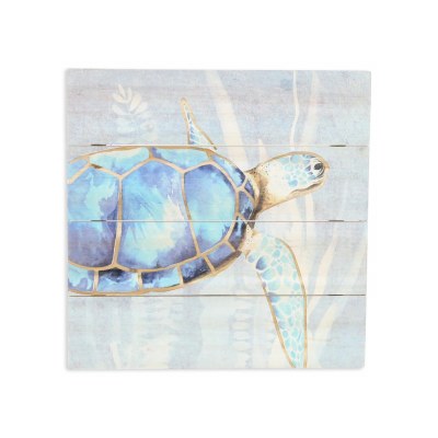 16" Sq Blue Sea Turtle With a Flipper Down Coastal Wall Art Plaque